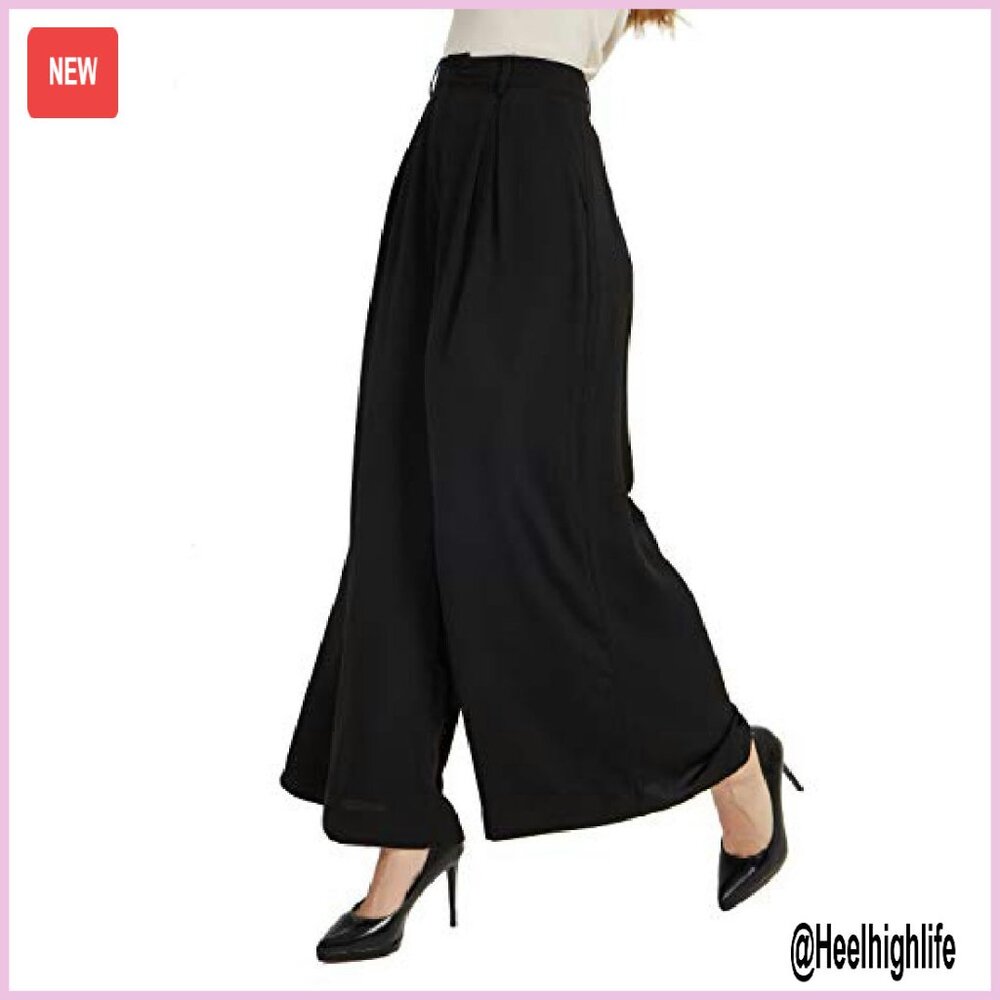 High Waist Wide Leg Palazzo Pants, Flowy Fabric, Zip Closure, Side Pockets - Picture 2 of 8